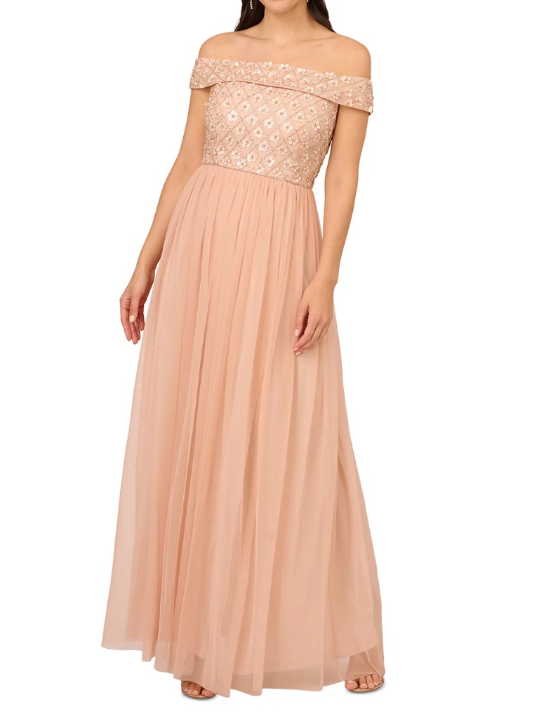 Adrianna Papell- Beaded Off-The-Shoulder Gown